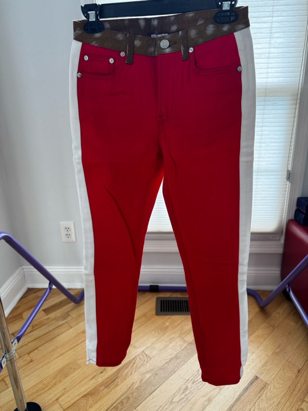 Burberry Red Skinny Jeans with White Side Panels and Brown Waistband